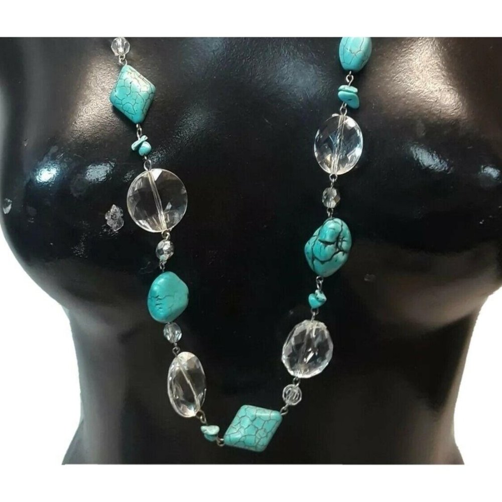 Stone Necklace Chain Beaded 38" Robin Birds Egg Blue Turquoise Colored Stones